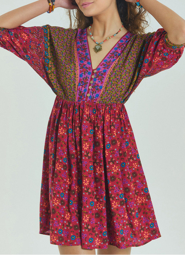 V Neck Elastic Waist Backless Red Floral Dress 4564